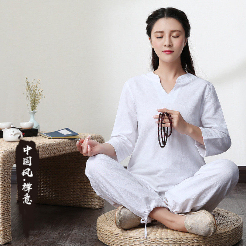 佛系衣服女夏礼佛服素衣禅意中国风拜佛衣服女棉麻套装禅修尼姑服