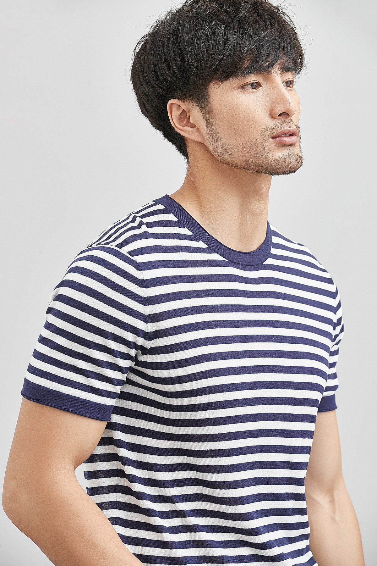 勾魂的海军条纹高端桑蚕丝天丝面料男士清爽短袖t恤针织衫hb058