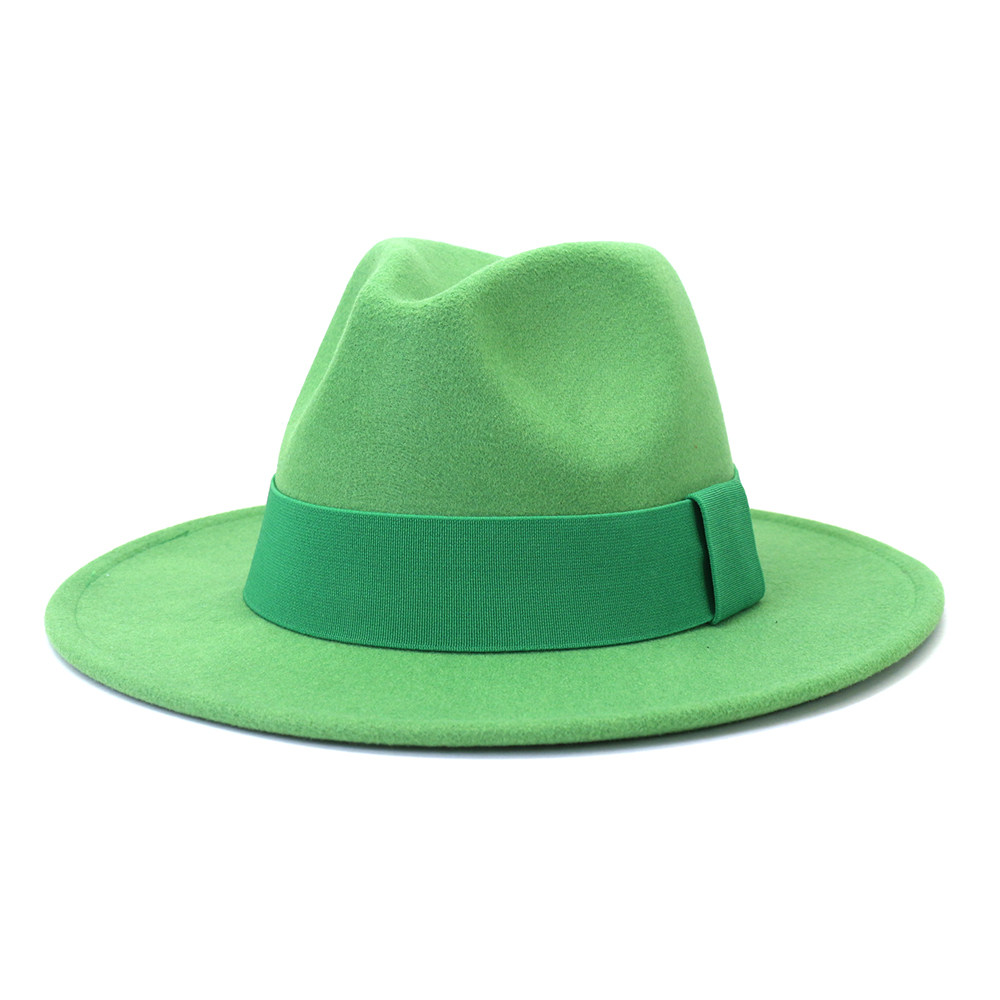 春季草绿色帽子毛呢爵士帽子英伦风礼帽男女士新款大檐帽