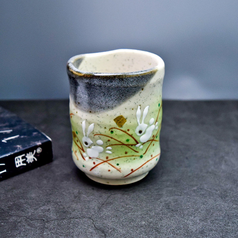 日本九谷烧大汤吞杯子金箔花兔大茶杯手绘粗陶水杯手工陶瓷茶具