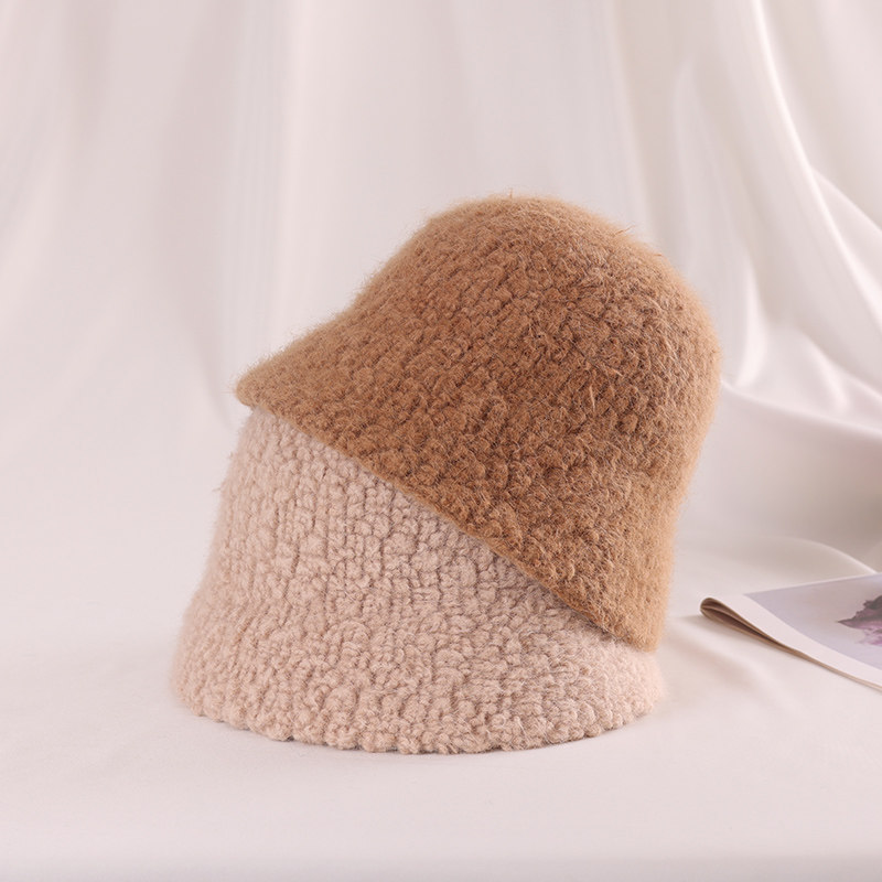 羊羔绒渔夫帽女秋冬天韩版百搭安哥拉兔毛加厚保暖帽子毛绒盆帽
