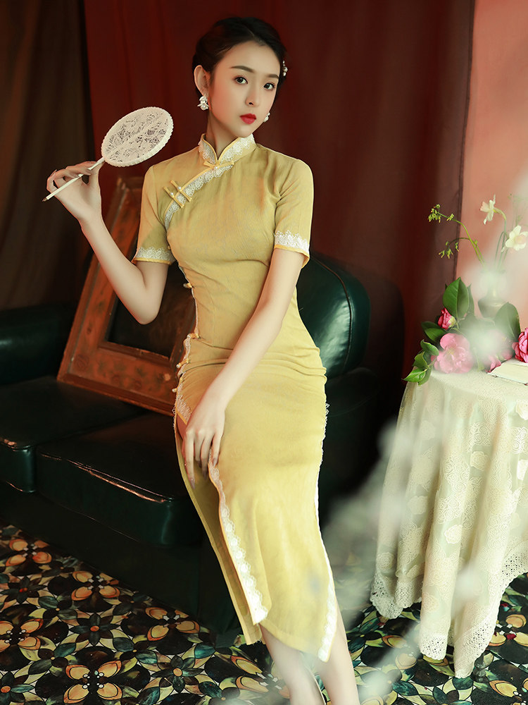 旗袍长款黄色