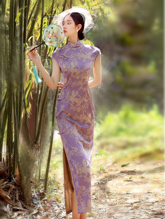 紫色新中式旗袍2024新款女夏季改良版日常平时可穿气质长款连衣裙