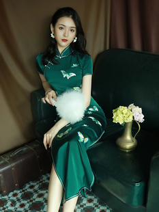 绿色旗袍复古中国风改良版连衣裙日常可穿老上海高端走秀长款夏季