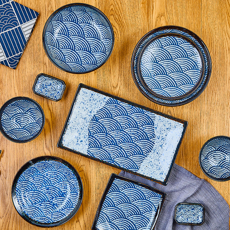 [陶瓷王]日本进口美浓烧青海波纹复古陶瓷餐具方形盘圆盘深盘碟