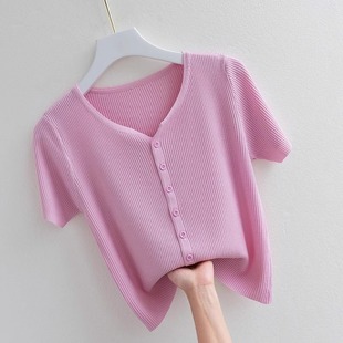 粉色冰丝短袖T恤女2024夏季新款薄款正肩半袖体恤V领针织开衫上衣