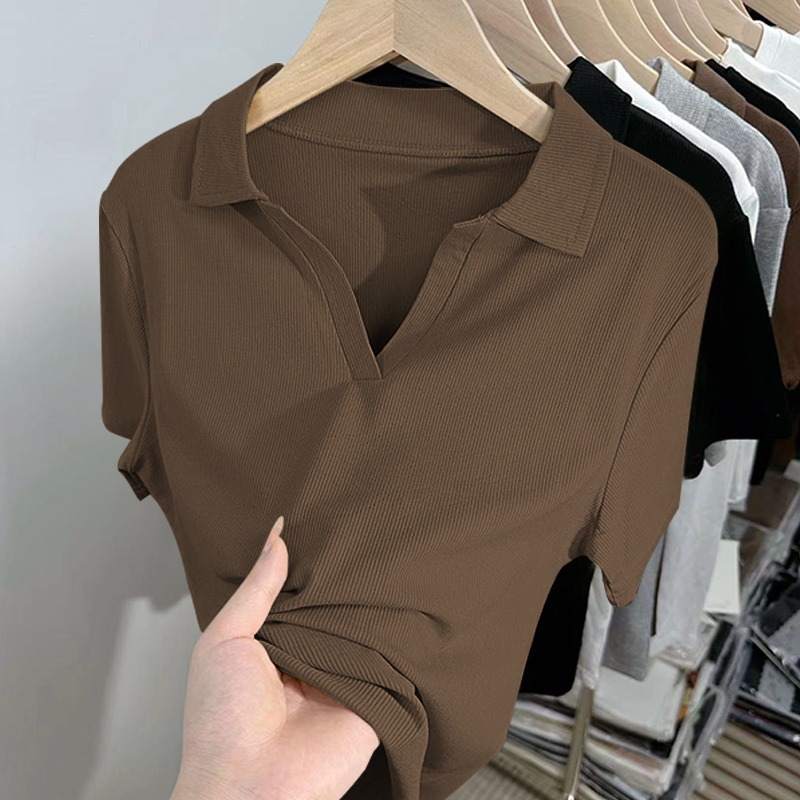 2件装莫代尔螺纹短袖T恤女夏季修身显瘦V领体恤大码polo领上衣