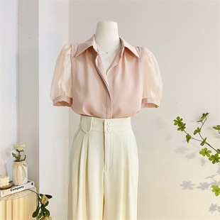 法式气质粉色泡泡袖衬衫女夏设计感小众拼接垂感醋酸缎面短袖上衣
