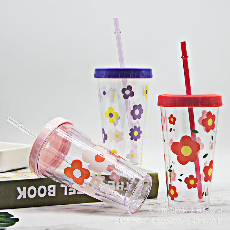 厂家直供简约花朵塑料杯可爱塑料吸管杯方便携带汽车杯外贸