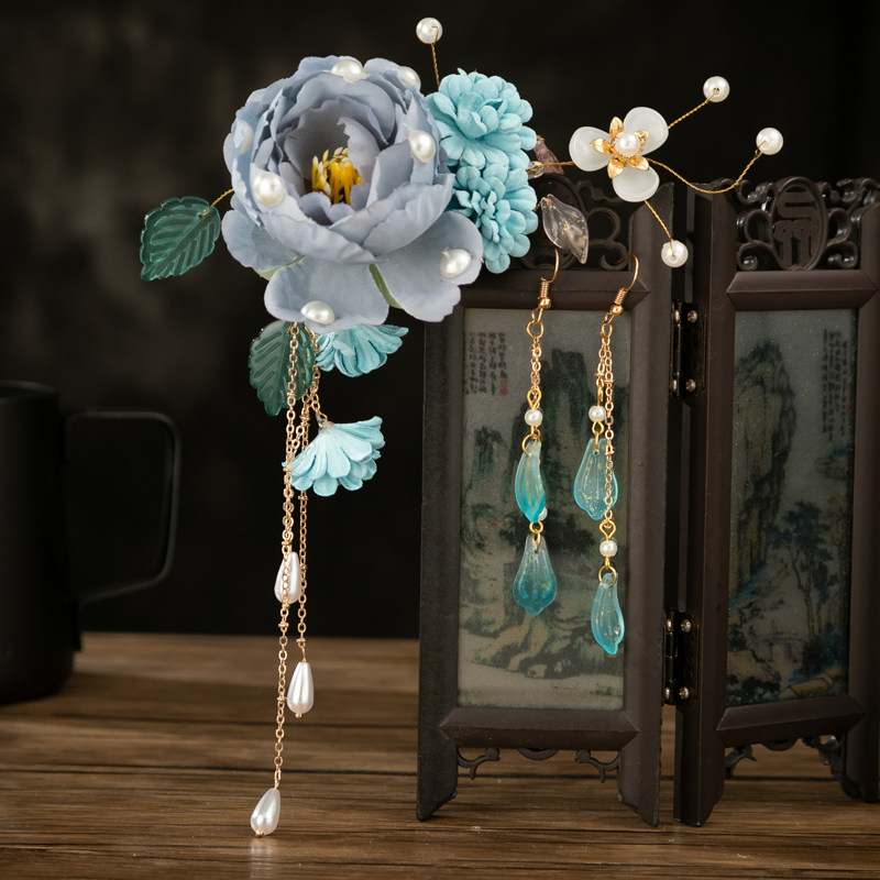 绢花头饰唐风诃子裙花朵汉服女仙气古风发夹流苏边夹宋制后压发饰