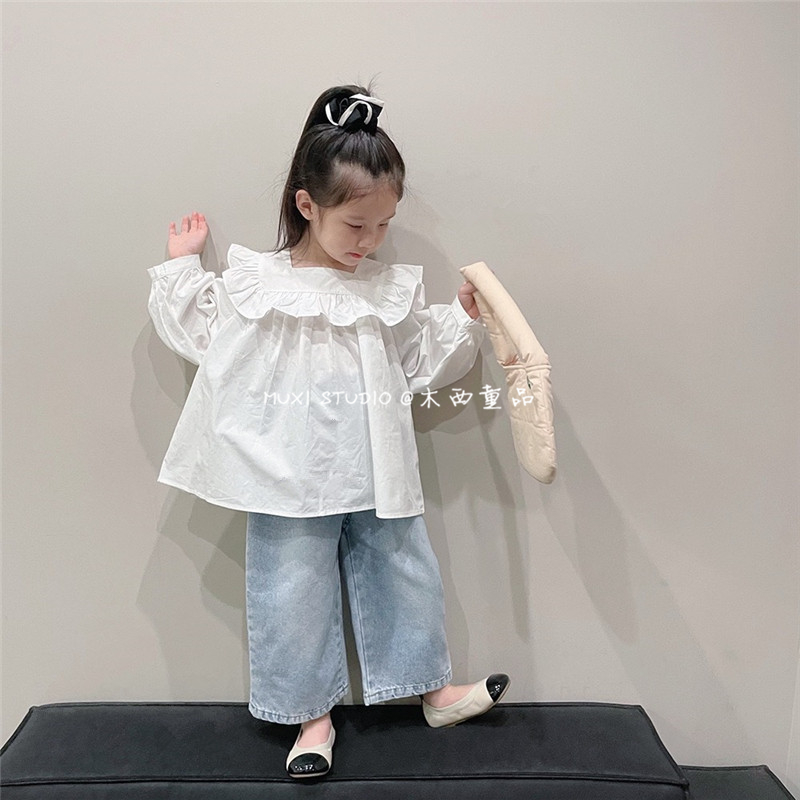 木西童品2024春韩国版女童甜美白色花边衬衫女宝宝可爱娃娃衫上衣