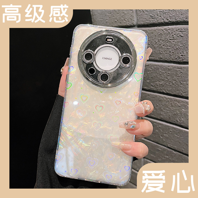 适用华为Mate60pro+手机壳新款贝壳纹满屏渐变镭射爱心mate60自带闪粉镜头膜50E全包防摔保护套pro女款