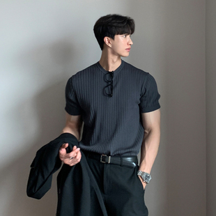 夏季短袖T恤男冰丝针织衫弹力韩版修身圆领休闲薄款纯色半袖上衣