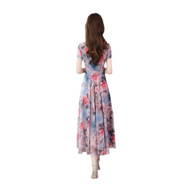夏季V领新款时尚妈妈装冰丝短袖连衣裙收腰显瘦修身宽松长裙女装