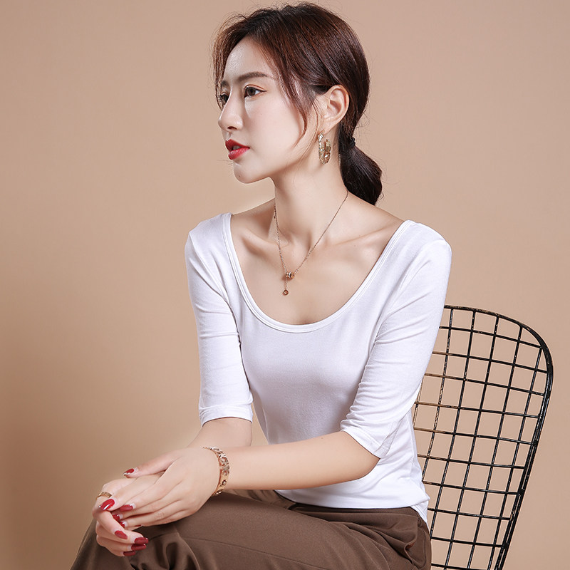 白色u领半袖t恤女夏季莫代尔打底衫春秋内搭薄款美背五分中袖上衣