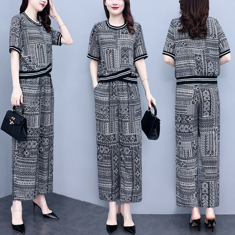 PF16065#夏季新款大码休闲印花阔腿裤套装胖妹妹洋气减龄时尚两件套女裝貨源服裝批發