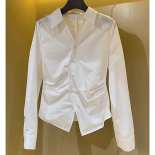 韩版不规则褶皱白色衬衫女夏季气质新款衬衣今年流行爆款别致上衣