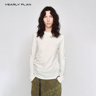 设计师品牌YEARLYPLAN24春季新款女装上身轻盈设计感圆领长袖T恤