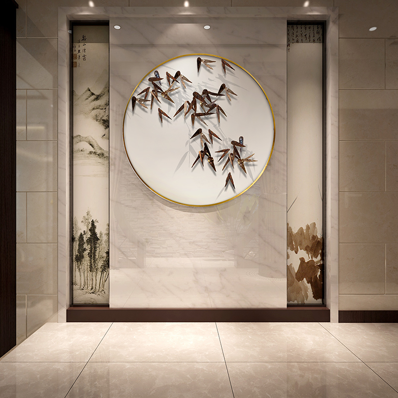 新中式入户玄关轻奢实物挂画立体竹子圆壁画餐厅客厅背景墙装饰画