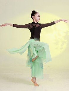 儿童古典舞蹈服练功服女童飘逸旗袍纱衣黑色长袖中国舞演出服套装