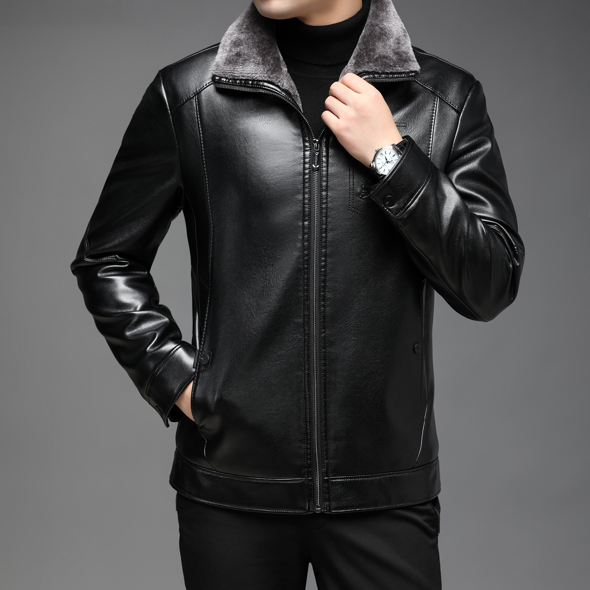 中年皮衣夹克男加绒加厚毛领新款男士皮外套xz307qt15ap130