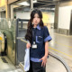 文文不乖美式复古假两件撞色刺绣口袋短袖polo衬衫女夏季挂牌衬衣