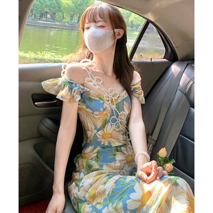 绝美法式小飞袖油画碎花吊带连衣裙女夏季多巴胺海边度假沙滩长裙