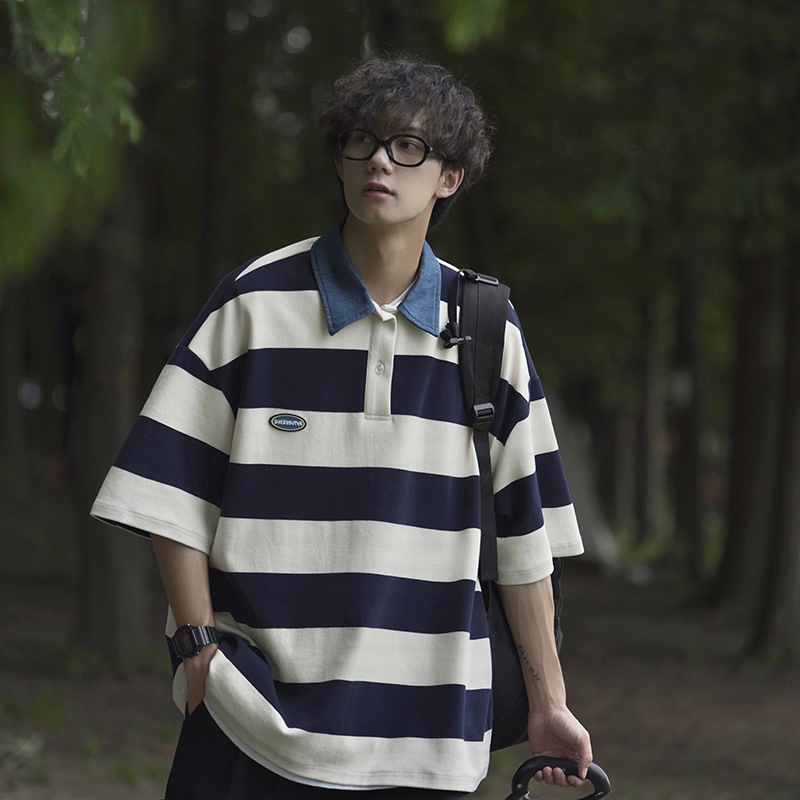 青少年polo衫男短袖夏季新款日系条纹翻领t恤男孩纯棉衣服cityboy