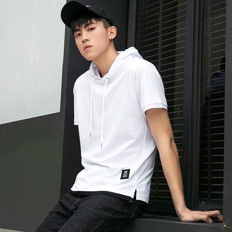 夏季百搭连帽短袖t恤男潮流带帽运动嘻哈上衣帽衫韩版港仔卫衣潮