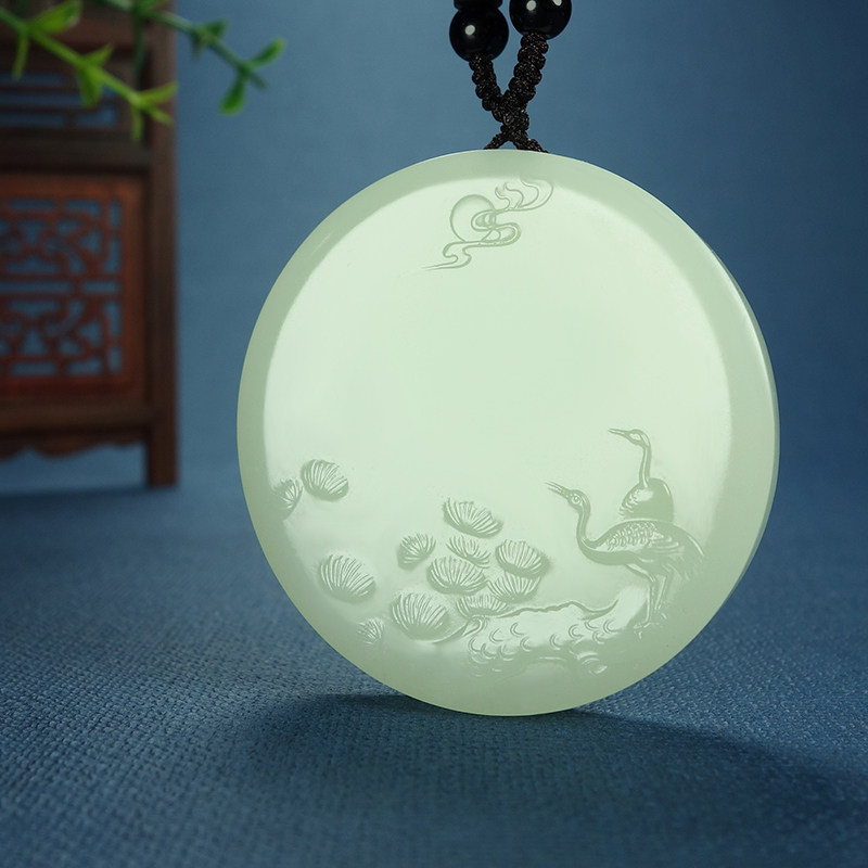 天然和田玉青白玉松鹤延年松树仙鹤玉璧挂件吊坠玉石玉坠玉佩项链