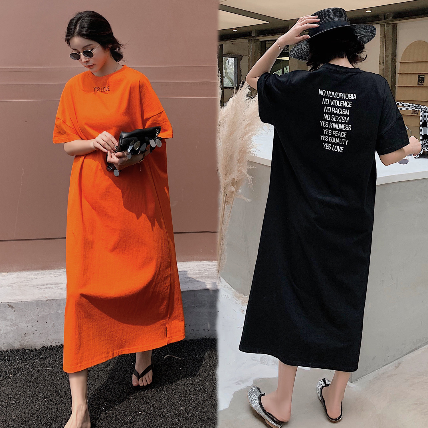 t恤裙夏季宽松_超长款t恤女过膝 2020新款棉鲜橙色简约宽松港味夏季