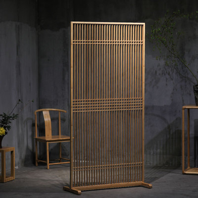 日式座屏风手工手作竹实木原竹中式榫卯玄关屏玄关隔断通透带底座