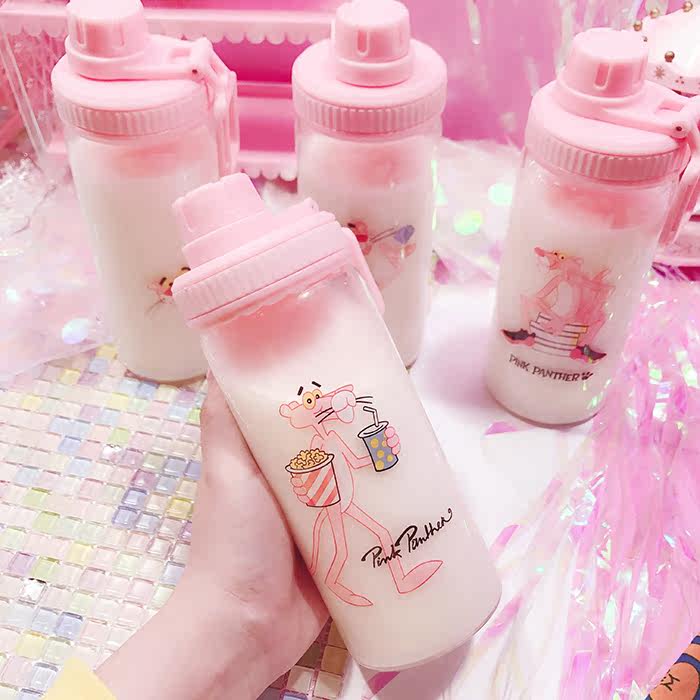 日系可爱粉嫩少女心卡通玻璃杯随手杯小清新创意手机支架手提杯子