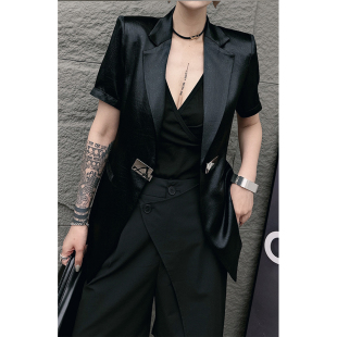 【蛋爷精选】黑色中长款短袖西装外套女夏新款高级感气质修身西服