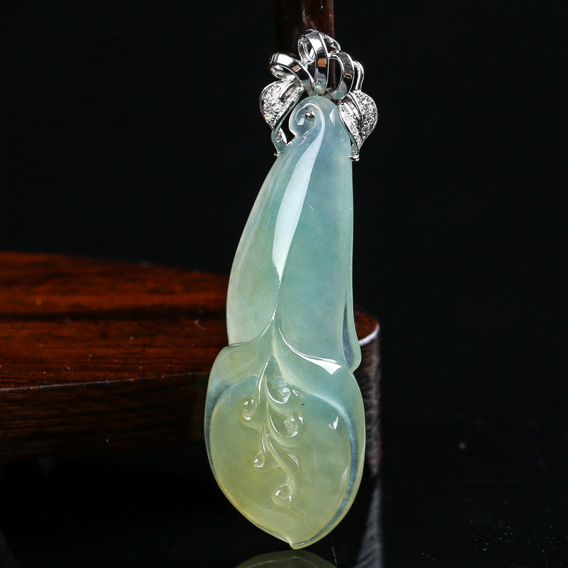 18k金扣头天然a货翡翠冰种黄翡兰花吊坠-冰清玉洁11.78g含绳重