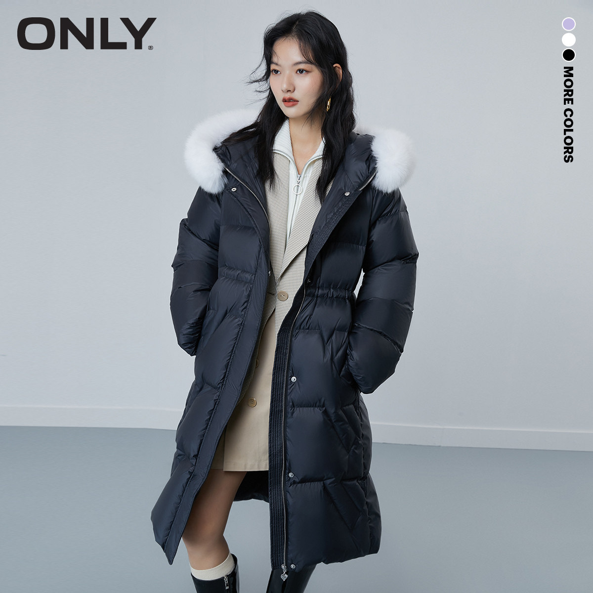 only2022冬季新款时尚90白鸭绒连帽收腰中长款羽绒服女121412026