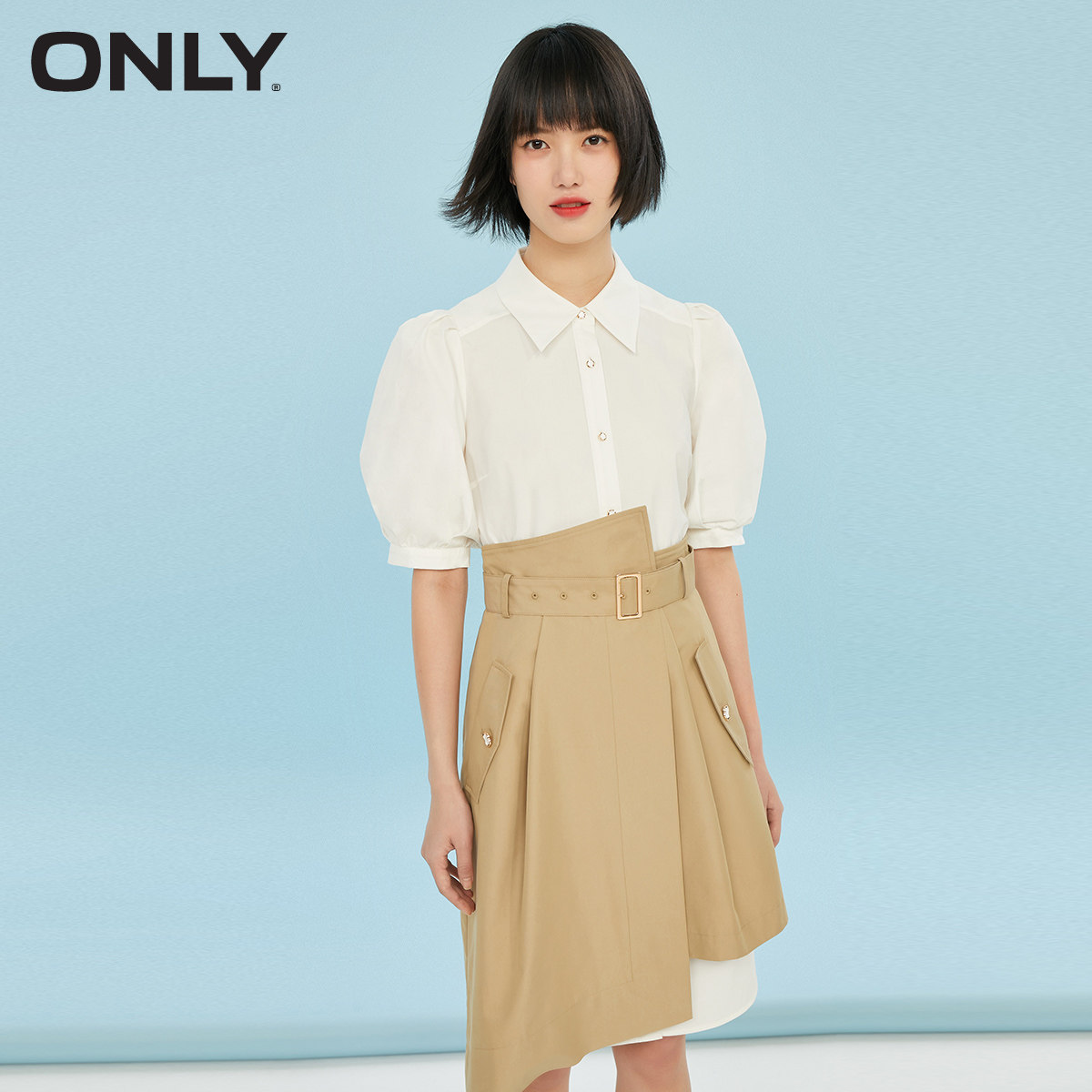 only2022夏季新款修身显瘦不规则收腰泡泡袖连衣裙女121307057