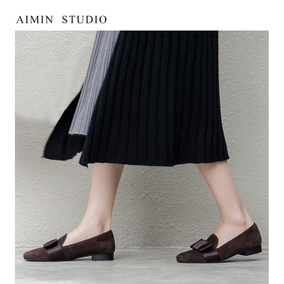 aiminstudio 春秋新款羊皮平底女士单鞋方头百搭乐福鞋黑色
