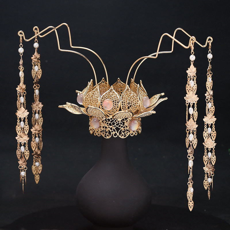 汉服发饰立体莲花冠头冠女古风饰品明制配饰皇冠金色发冠超仙头饰