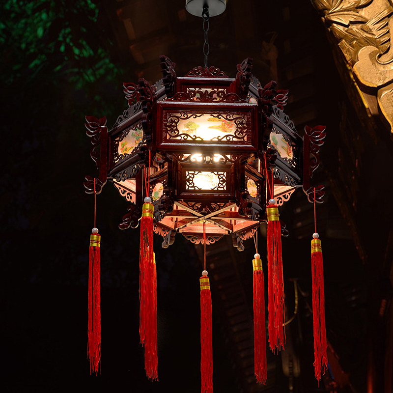 中式实木宫灯六角祠堂新年羊皮古典结婚阳台吊灯户外仿古挂饰灯笼