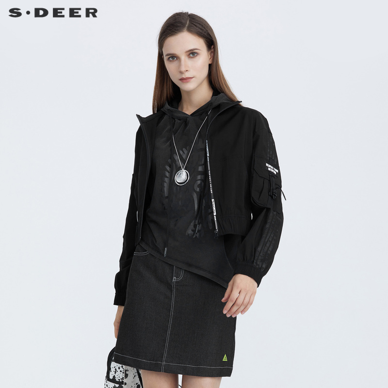 sdeer圣迪奥女装春季立领字母口袋织带松紧黑色运动外套s21162209