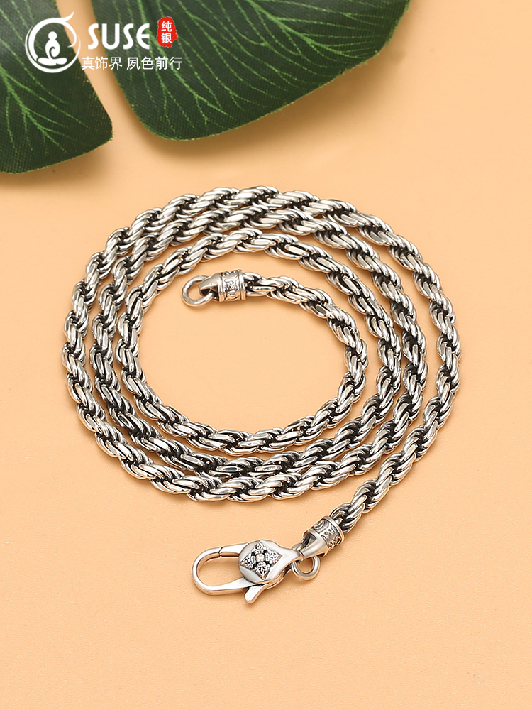 suses925纯银手工麻绳银项链时尚马鞭裸链泰银裸链男士泰国嘻哈潮