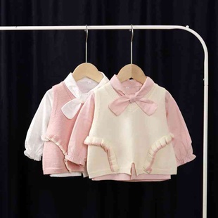 针织马甲儿童女童毛衣背心两件套装春季新款洋气结长袖衬衫+毛衣