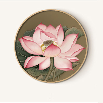 新款新中式荷花圆形中式玄关印花餐厅卧室客厅十字绣套件