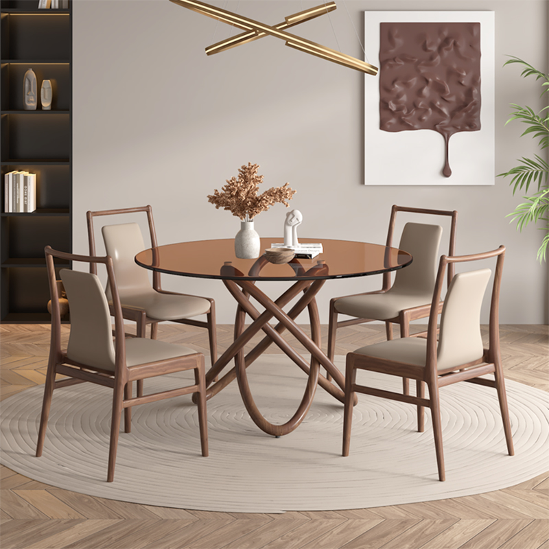 现代极简钢化玻璃餐桌设计师实木圆桌 北美黑胡桃木圆餐桌椅组合