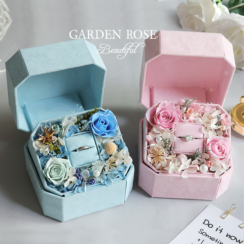 进口永生花玫瑰求婚戒指盒婚礼戒枕情人节礼物表白结婚伴手礼盒