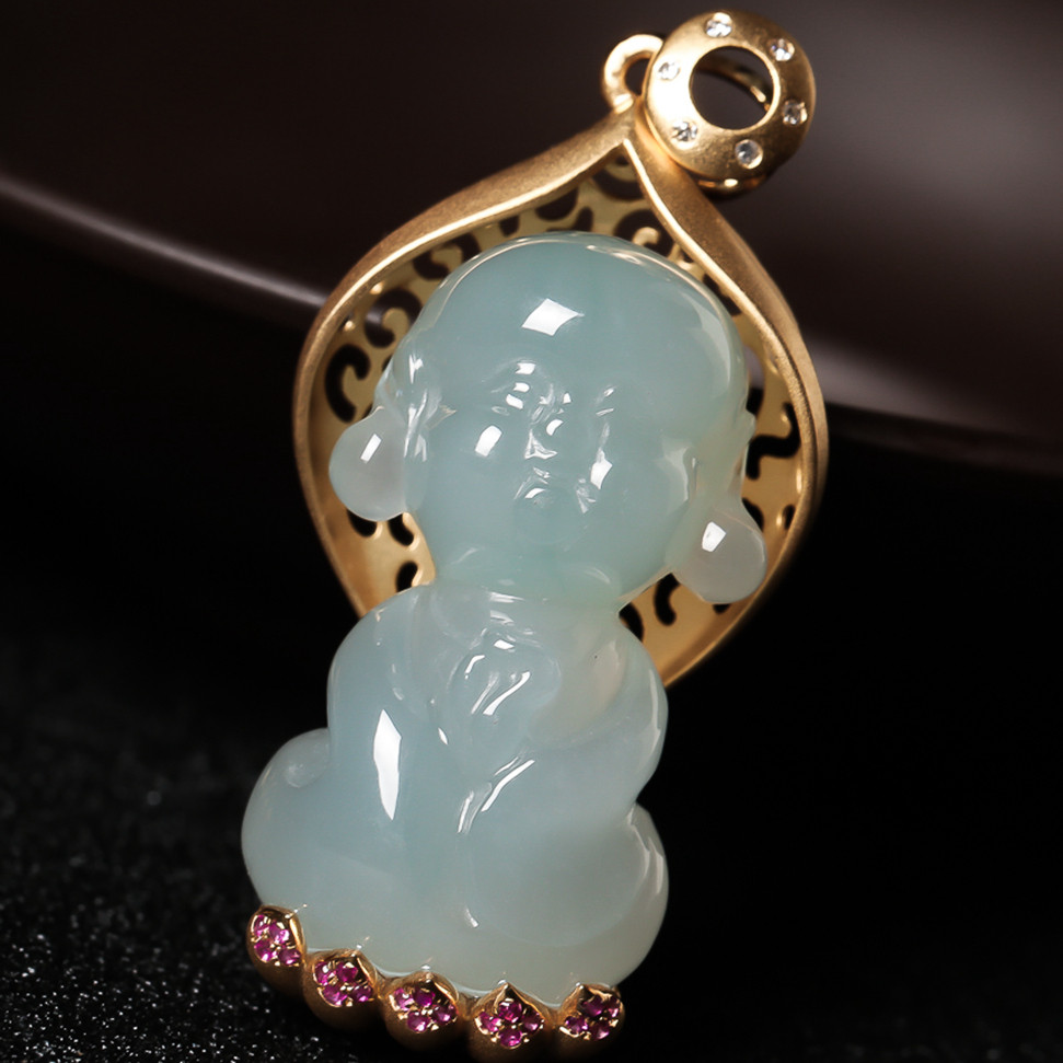 【源头好货-四会】老坑冰润18k金红宝石镶嵌宝宝佛吊坠11.48克