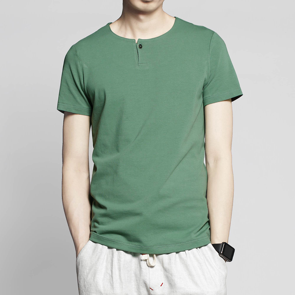 新款夏季豆绿色短袖男纯棉纯色韩版白色半袖带扣弹力圆领t恤男潮