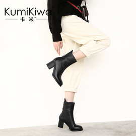KumiKiwa卡米2018冬季新款牛皮高跟粗跟欧美圆头休闲中筒保暖女靴