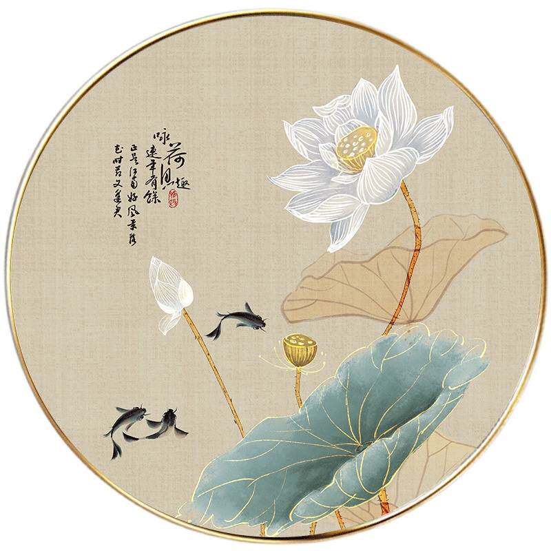 新中式餐厅装饰画荷花挂画客k厅圆形晶瓷画轻奢大气玄关走廊壁画
